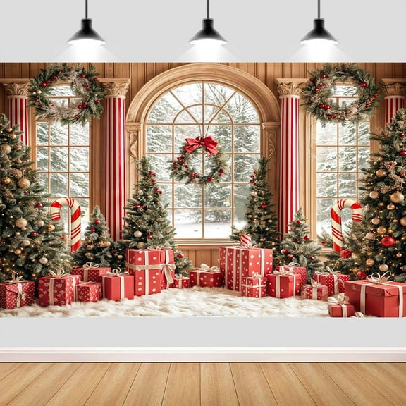 12X10ft Christmas Backdrop, Palace Christmas Tree Window Scene Winter Snow Forest Background for Xmas New Year Holiday Party Decor Banner Backdrop Photo Booth Prop