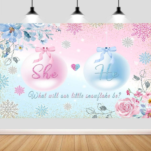 12X10ft Winter Snowflake Gender Reveal Backdrop, Christmas Glitter Pink or Blue He or She Floral Boy or Girl Baby Shower Party Decorations Photography Background Banner Photo Booth Props