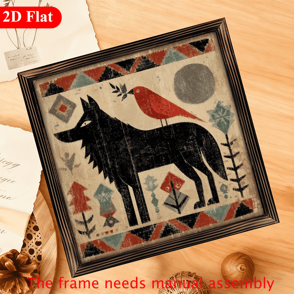 12X12 Inch Wooden Wall Art Featuring a Rustic Wolf And Red Bird Design, Made from Perfect for Farmhouse Decor, This NatureInspired Piece Is Suitable for Any Room Including The Living Room,
