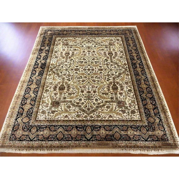 12X14 Indo Agra Beige/Black Handmade Wool Rug # 13424