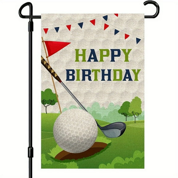 12X18-Inch Golf Theme Happy Birthday Garden Banner-Single-Sided Durable Polyester Fiber Courtyard Logo with Bright Golf Club, Ball and Pole Design, Suitable for Indoor/Outdoor Adult Birthday Parties