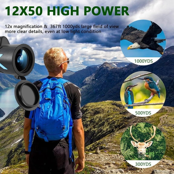 12X50 High Power Monocular Telescope For Outdoors Mobile Phone Photography Bird Watching With Universal Clamp Tripod
