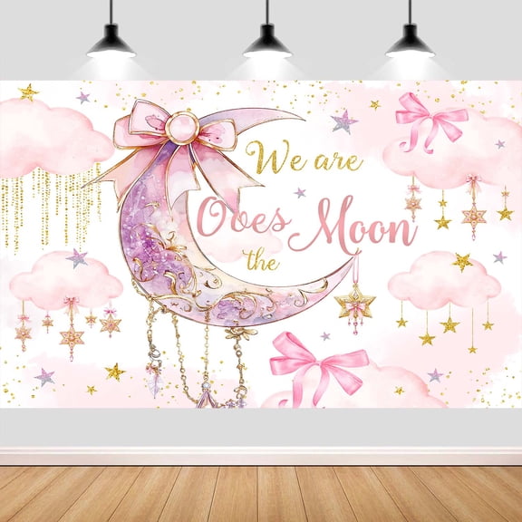 12X8ft We are Over The Moon Baby Shower Backdrop Pink Bow Watercolor Shining Moon Gold Stars Clouds Photography Background for Newborn Girl Kids Party Decorations Studio Photo Shoot