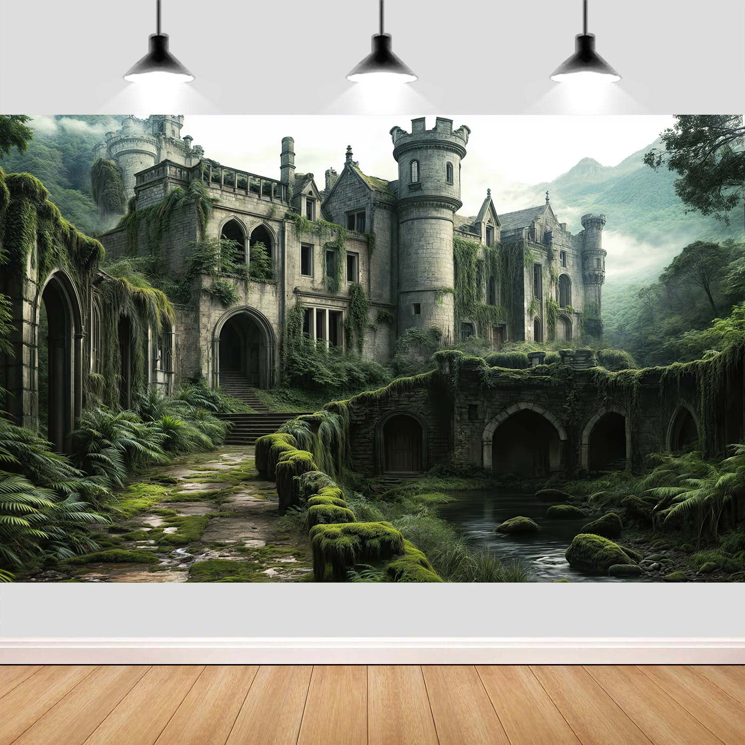 12X8ft Vintage Green Forest Medieval Castle Backdrop Mysterious Natural Theme Photo Background Banner for Wedding Baby Shower Kids Birthday Party Studio Props Decoration