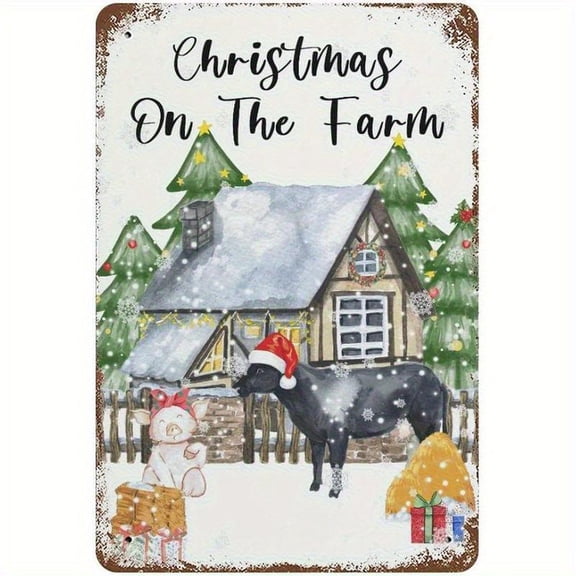 12X8inch  Vintage Farmhouse Christmas Metal Signs - Rustic Barn, Farmhouse Holiday Decorations with Pre-Drilled Holes, Indoor/Outdoor Weatherproof Decoration for Mantel, Door, or Farmhouse Wall Art