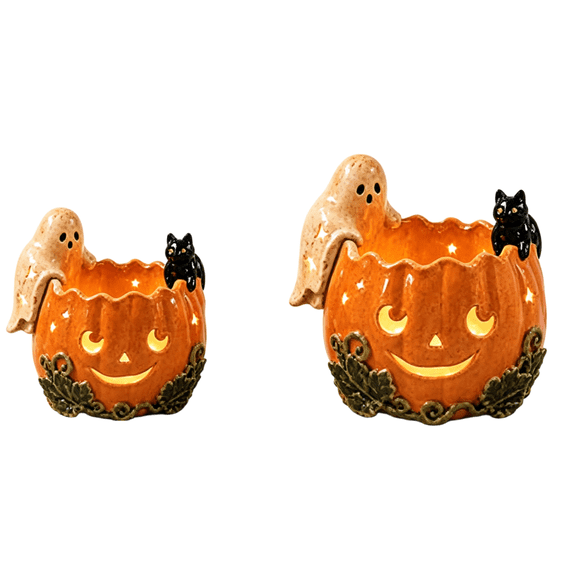 12cm Halloween Pumpkin Ceramic Candle Holder with Ghost & Black Cat Decor, Spooky Glow Jack O Lantern Tea Light Candle Holder, Fall Halloween Table Centerpiece Decor for Home Bedroom Farmhouse