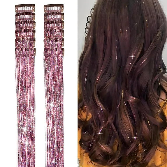 12count Hair Tinsel Clip in 19.6Inch Glitter Tinsel Hair Extensions Clip in Hair Tinsel Kit Heat Resistant Shiny Sparkle Fairy Hair Accessories for Women Girls Kids (Purple)