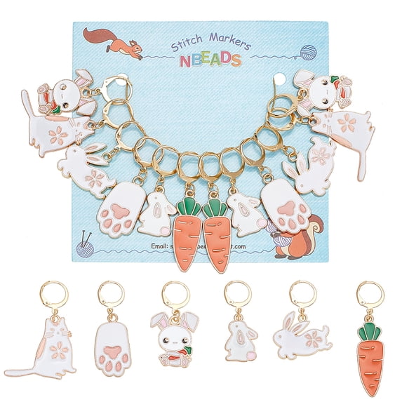 12cs 6 Style Carrot Rabbit Cat Paw Locking Stitch Markers Alloy Enamel Charm Stitch Marker with 304 Stainless Steel Hoop Golden