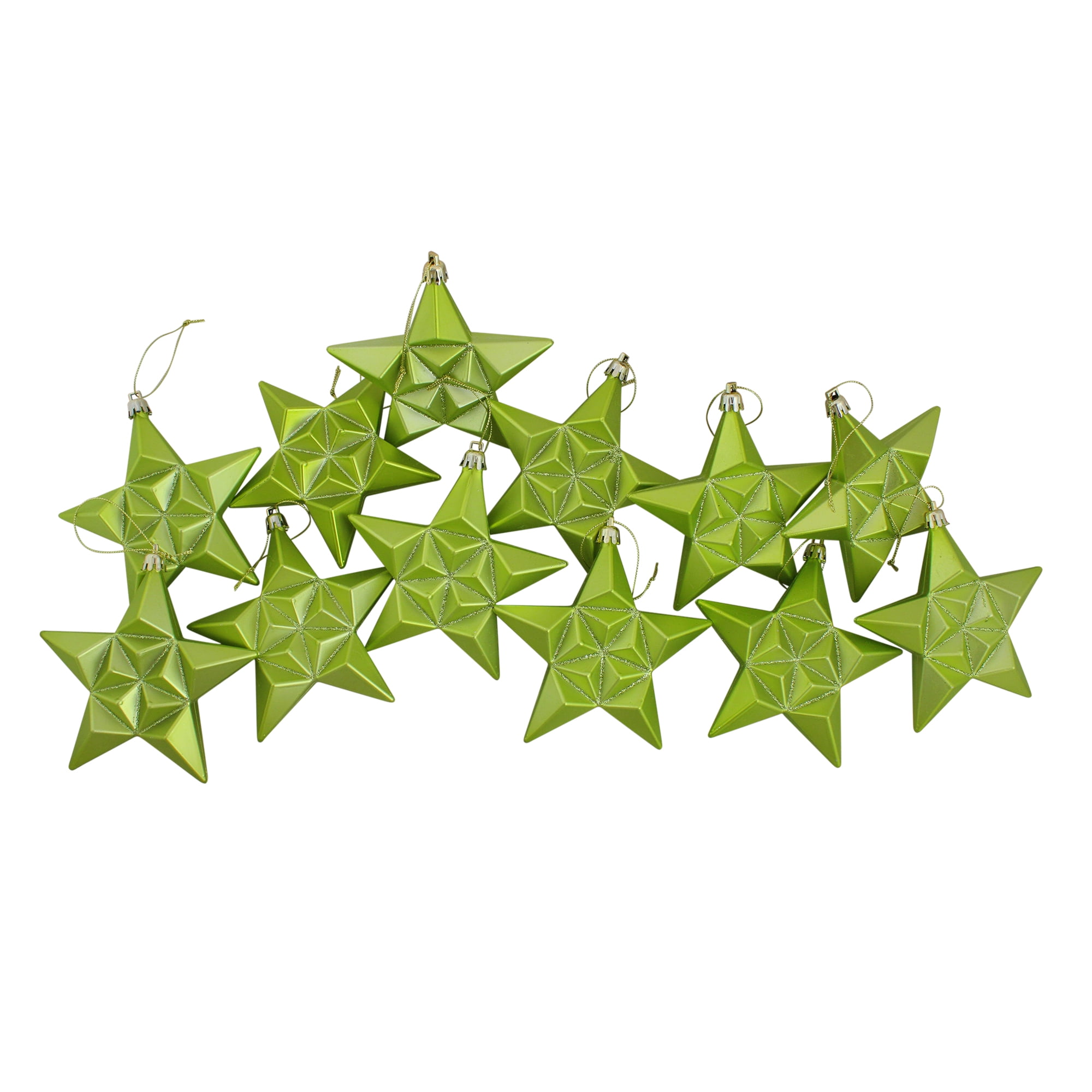 12ct Matte Green Kiwi Glittered Star Shatterproof Christmas Ornaments 5"