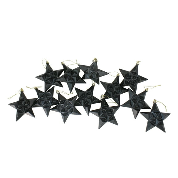 12ct Matte Jet Black Glittered Star Shatterproof Christmas Ornaments 5"