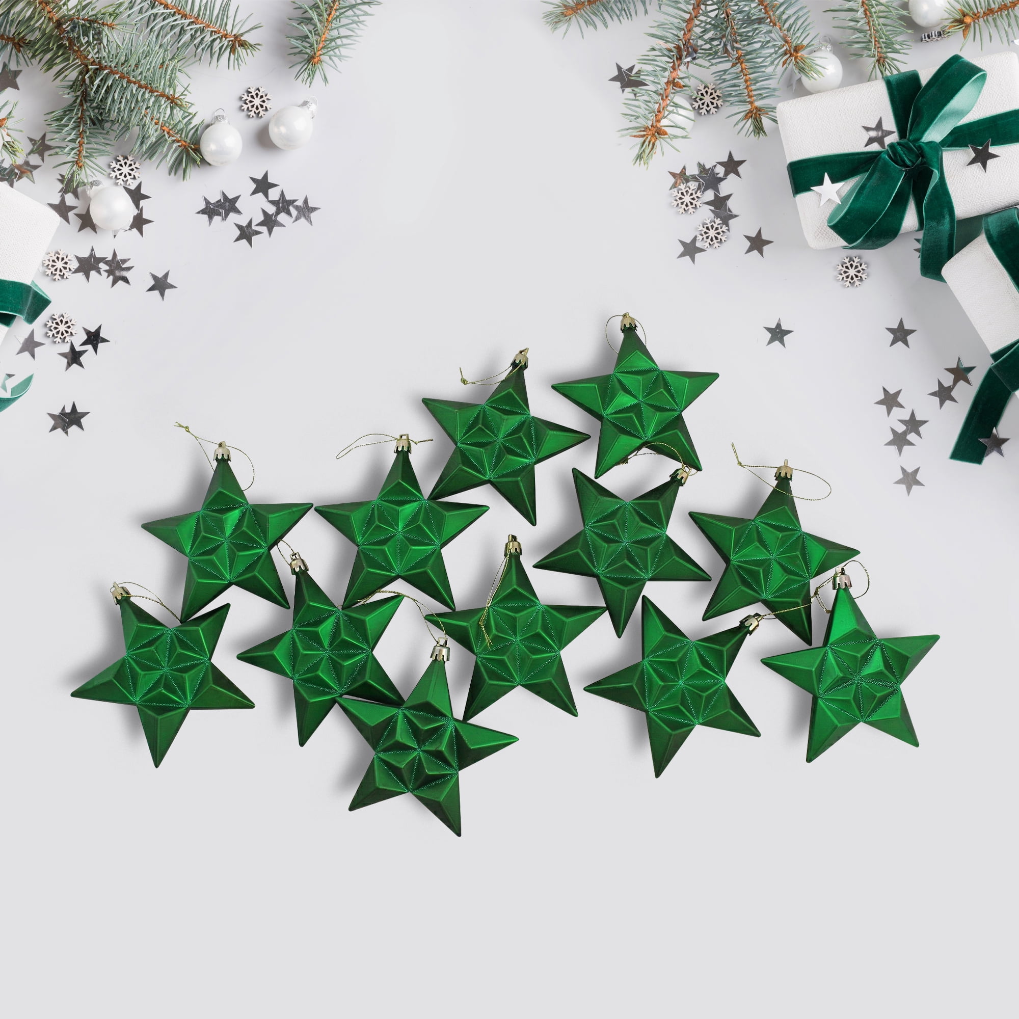 DAK 12ct Matte Xmas Green and Gold Glittered Star Shatterproof Christmas Ornaments 5"