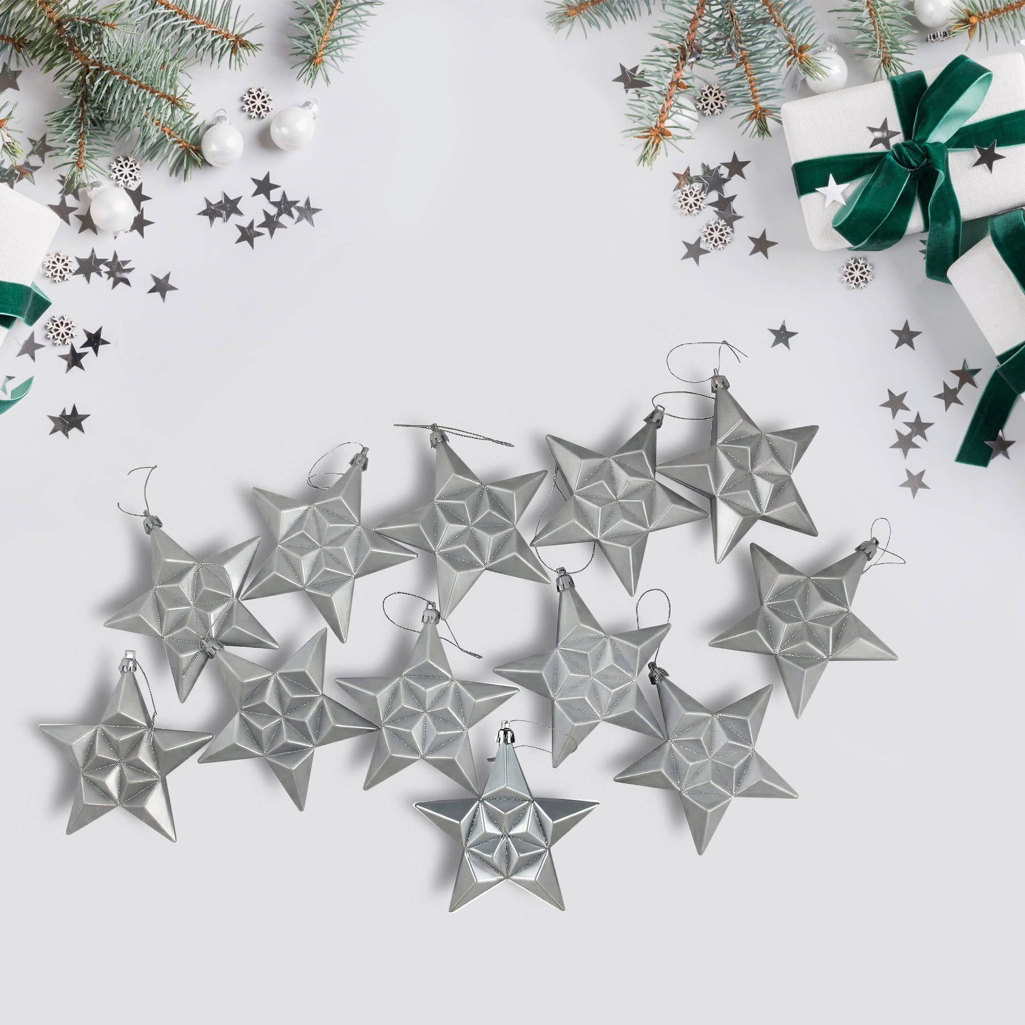 DAK 12ct Silver Splendor Shatterproof Star Christmas Ornaments 5"