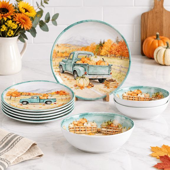 12fall Dinnerware Set Green Pickup Truck Plates