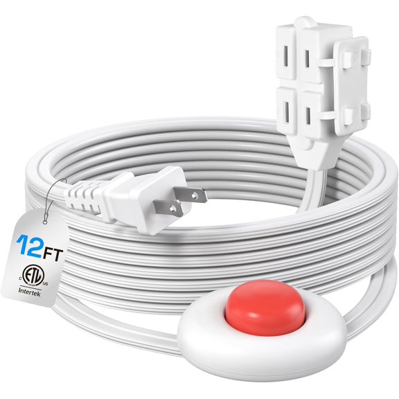12ft Extension Cord with Footswitch 16/2 SPT-2, 3-Outlet Indoor Extension Cord with On Off Switch, for Christmas Tree and Holiday Decorations, White