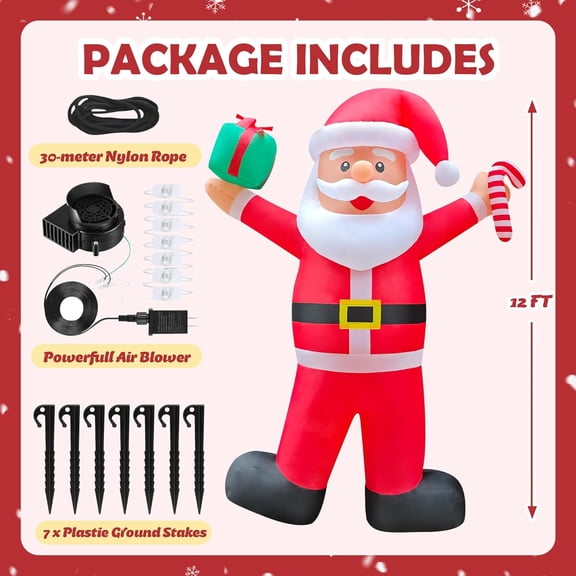 12ft Giant Christmas Inflatable Santa Claus Outdoor Decoration Blow up Santa Yard Decor, Built-in LED Lights for Yard Lawn Garden Holiday Party