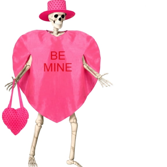 12ft Giant Skeleton Pink Valentine's Costume Set, Be Mine Heart Tunic with Hat and Tote Bag for Outdoor Patio Garden Display