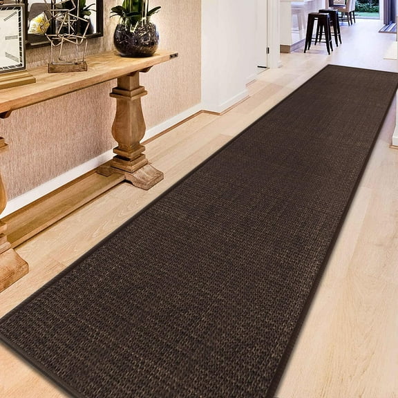 12ft Jute Laundry Room Rug Non Slip, Rubber Backed Kitchen Rug Floor Runner Rug, Natural Long Carpet Runners for Hallway, Deep Brown