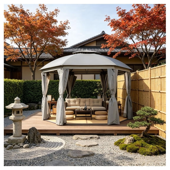 12ft Outdoor Gazebo - Round Patio Canopy Shelter with Netting & Curtains - Steel Frame - Grey