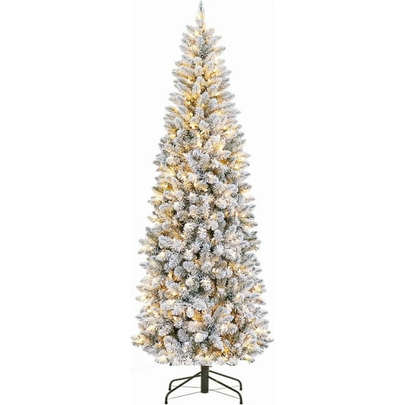 Garvee 12ft Pencil Artificial Christmas Tree with LED Lights, Mixed PVC Flocked, Slim Prelit Tree, Easy Assembly, Indoor Outdoor Holiday Decoration