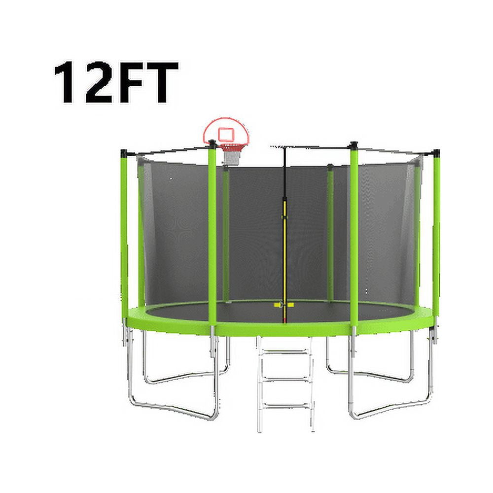 12ft Recreational Trampolines With Net & Basketball Hoop System 880LBS Total Weight Capacity Heavy Gauge Galvanized Steel Construction For Indoor Outdoor Kids Teens