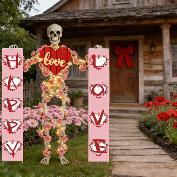 12ft Skeleton Valentines Outfit,Lighted Up Giant Skeleton Accessories Including Happy Love Flag Banners,16.5ft Rose Lights String,Heart Hanging Sign for Garden Lawn Decor