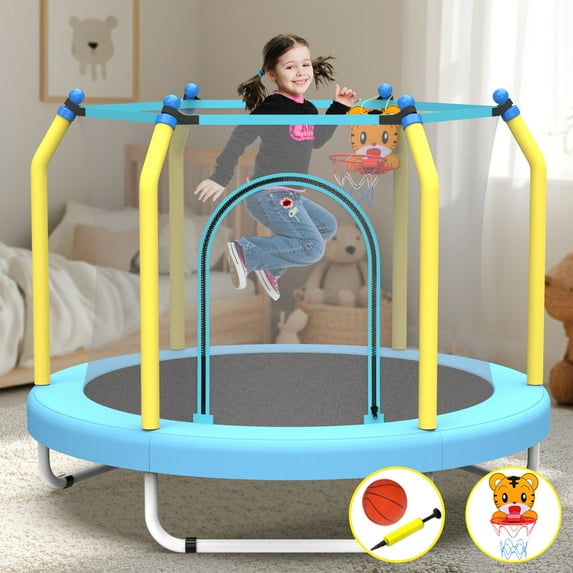 Toddler Trampoline with Basketball Hoop on Clearance for Kids, SEGMART 55" Kids Round Trampoline with Enclosure Net, Heavy Duty Outdoor Recreational Small Trampoline with Ball, Gift for Boys Girls