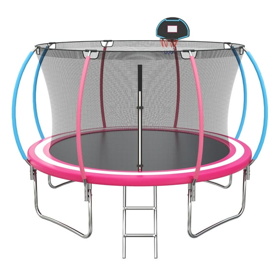 12ft Trampoline with Safety Enclosure, SEGMART Upgrade Outdoor Trampoline with Basketball Hoop, Heavy Duty Back Yard Trampoline with Ladder for Kids and Adults, Pink