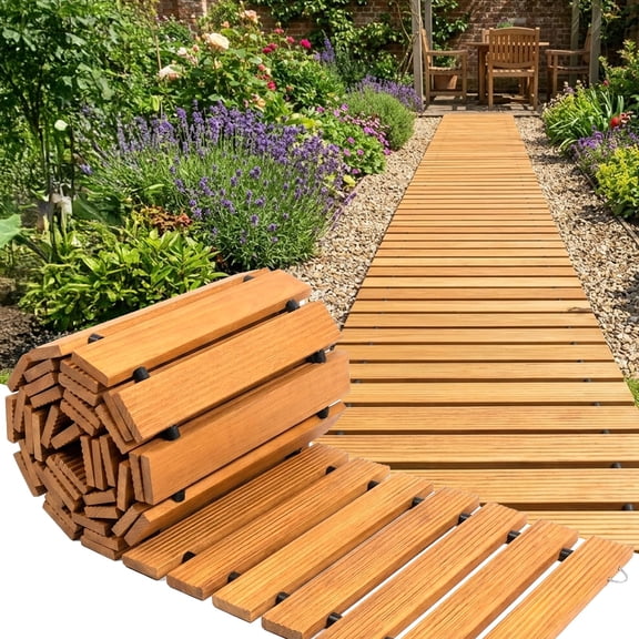 12ft Wooden Walkway Rollout, Non-Slip Outdoor Path for Pool, Yard, Patio, 17in Wide with 12 Stakes, Nutaral Landscaping Edging