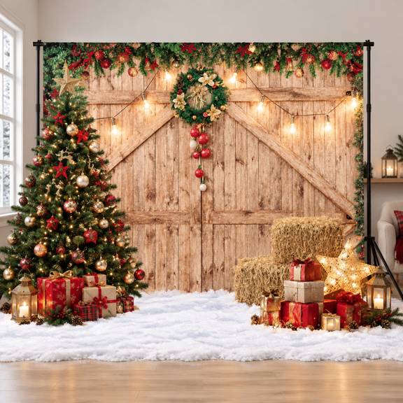 12ft by 8ft Polyester Christmas Rustic Barn Wood Door Photography Backdrop Studio Prop