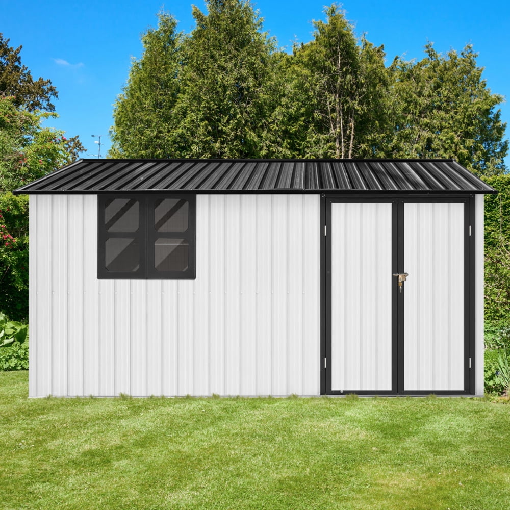 12ft x 10ft Metal Outdoor Storage Garden Tool Shed Workshop with Foldable Worktable, Shelves, Window, Hanging Lamp Hook & Apex Roof for Backyard Garden Patio, White+Black