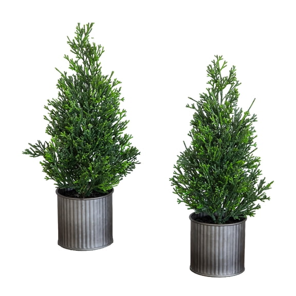 12in. Artificial Mini Christmas Cedar Pine Tree in Metal Tin Planter - Set of 2