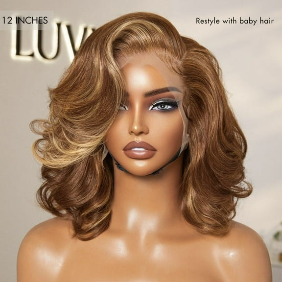 12in Honey Brown with Blonde Highlights Bouncy Body Wave Glueless 13x4 Frontal Lace Human Hair Wig