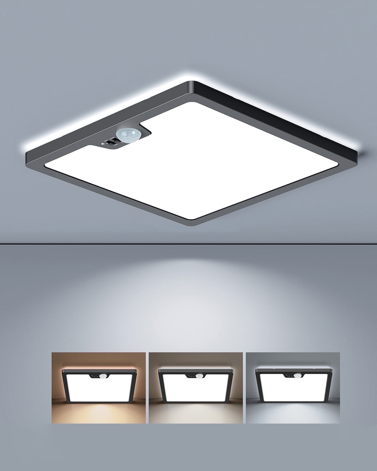 Annaror 12" Motion Sensor Ceiling Light Wired, 3000K 4000K 5000K Selectable, 24W Flush Mount Square Motion Ceiling Light with 3 Timer for Closet Porch Stairs Hallway,Black