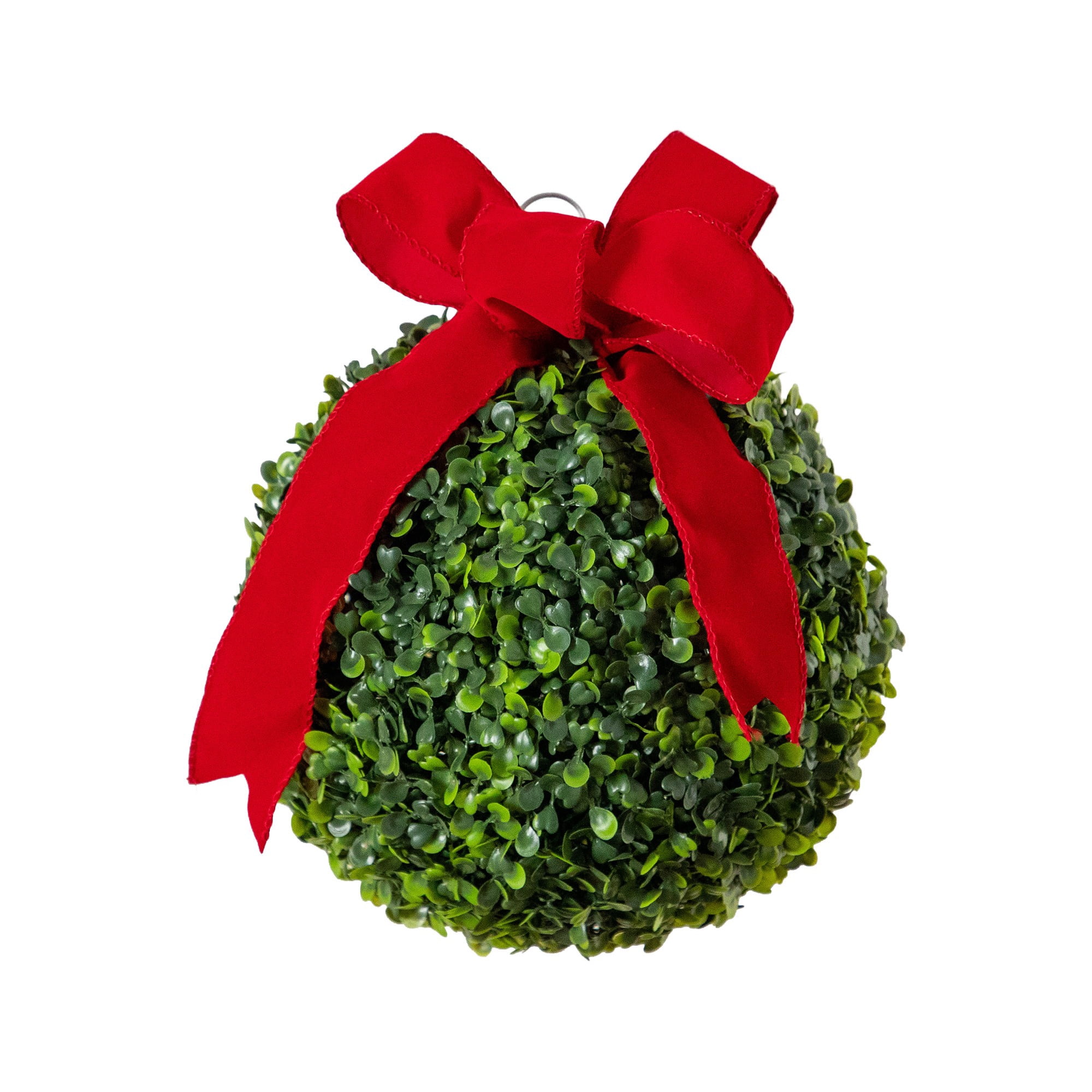 12in. Pre-Lit Artificial Christmas Hanging Boxwood Ornament Ball with Red Bow and 40 LED Lights