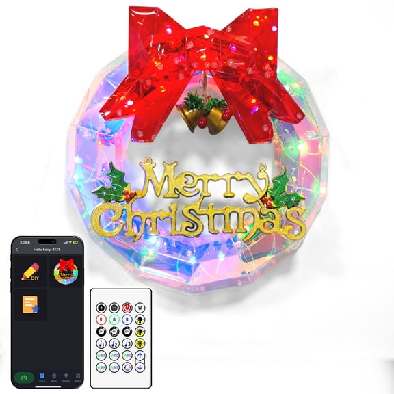 12in Pre-Lit Smart Christmas Wreath Light Color Changing Programmable APP Remote Controlled Music Timer 33 LEDs Artificial USB Pre-Decorated Accent Bow Bells Berries for Halloween Xmas Holiday