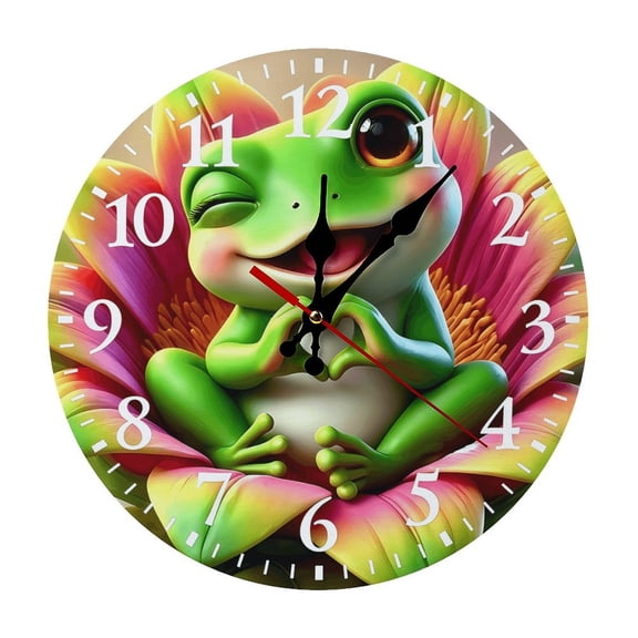 12in Silent Frog Wooden Wall Clock, Vibrant Green Frog With Flower Print, Battery Not Included, Cute Gift For Frog Lovers, Rustic Nature Home Decor