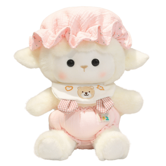 12in Sleep Cap Baby Goat Plush Toy Soft Huggable Stuffed Animal for Kids Cute Nursery Decor