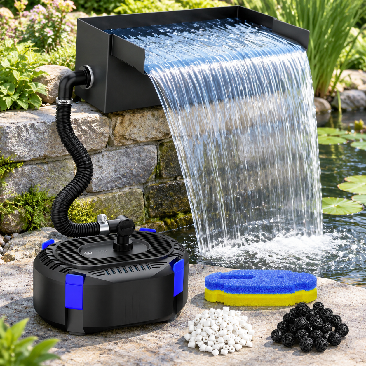 Waterfall Containers 12in Spillway Pond Waterfall Kit with Remote LED Light, 4-Stage ...