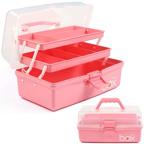 12in Three-Layer Multipurpose Storage Box Folding Tool Box/Art & Crafts Case/Sewing Supplies Organizer/Medicine Box/Family First Aid Box with 2 Trays (Blue)