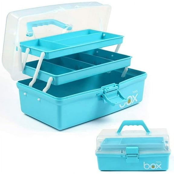 12in Three-Layer Multipurpose Storage Box Folding Tool Box/Art & Crafts Case/Sewing Supplies Organizer/Medicine Box/Family First Aid Box with 2 Trays (Blue)