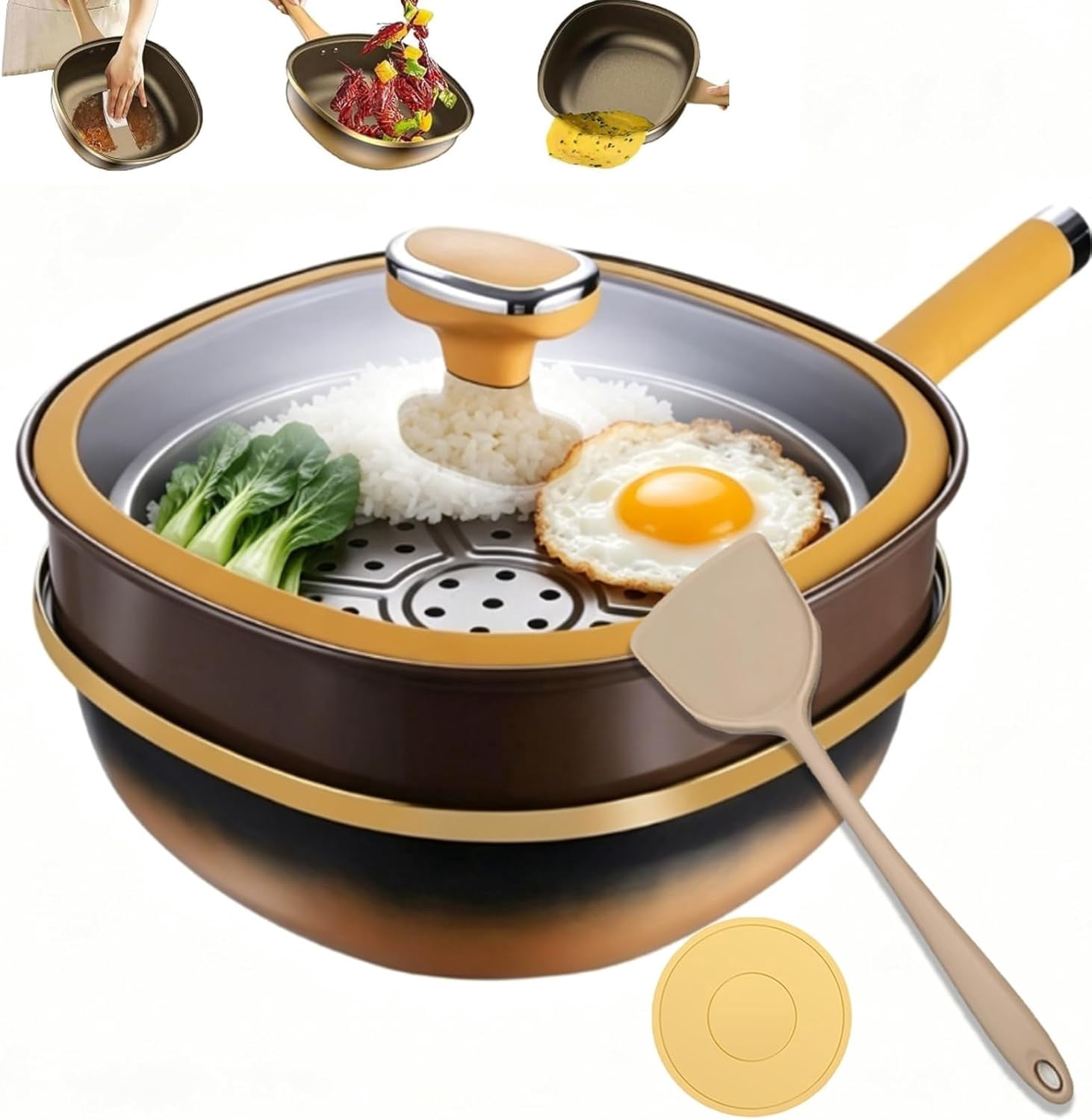 12in Titanium Alloy Non-Stick Pot with Lid, Titanium Pans for Cooking with Steamer, Non Stick Frying Saute Pan with Ergonomic Stay-Cool Handles Cookwarefor Cooking, Frying, Baking(With Steamer)