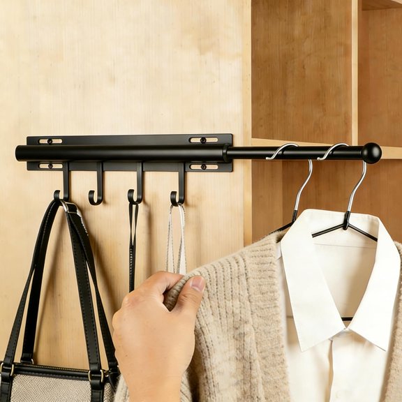 12inValet RodValet Rod For Closet Pull OutBlack Closet RodHanging RodScalable Slide OutValet HookContains 4 HooksUsed For Wardrobes, Bathrooms, Laundry Rooms, Bedrooms, Wardrobes
