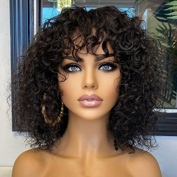 12in Water Wave Minimalist Lace Glueless Short Curly Wig with Bangs