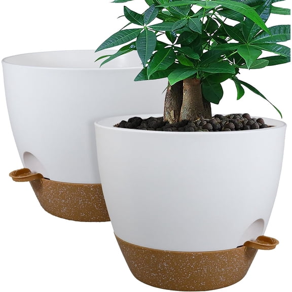 12inch 2Pack Large Self Watering Planters, Pots with 60oZ Removable Deep Reservoir and Multi Mesh Drainage Holes for Indoor Outdoor Garden and , White with Brown