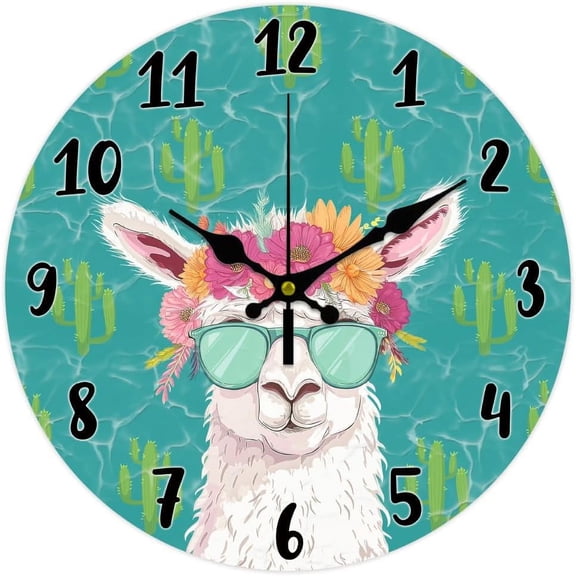 12inch Alpaca Wall Clock Cute Cartoon Animal Round Wall Clocks Silent Non Ticking Clock Farmhouse Clocks for Office Home Bedroom Living Room Bathroom Kitchen Decor Colorful for diy making