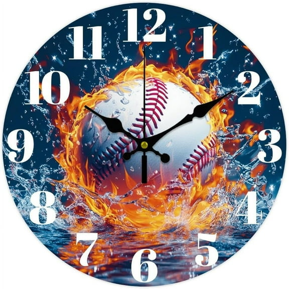 12inch Baseball Wall Clock Fire Clock Battery Operated Silent Non Ticking Water Round Decorative Clock