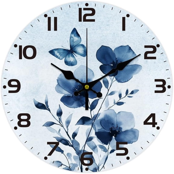 12inch Blue Gradient Flowers Wall Clock Battery Operated Silent Non Ticking Butterflies Boards Round Decorative Clock for Office Kitchen Decor Colorful