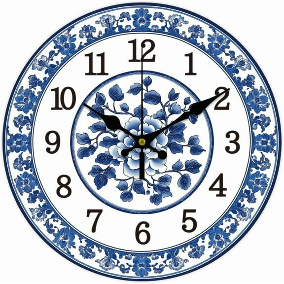 12inch Blue and White Porcelain Wall Clock Battery Operated Silent Non Ticking Flowers Round Decorative Clock DIY