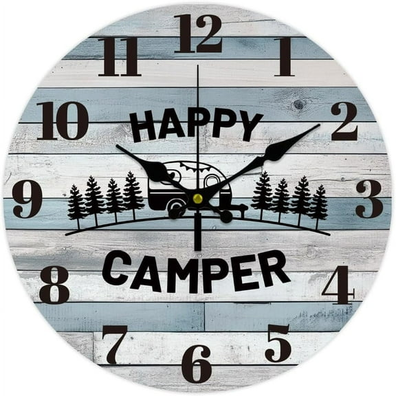 12inch Camper Forest Pattern Wall Clock Battery Operated Silent Non Ticking Round Decorative Clock for Office Home Living Room Bedroom Bathroom Kitchen Decor Camping