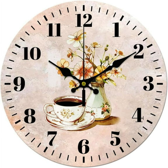 12inch Coffee Wall Clock Coffee Cup Flower Background Round Wall Clock Silent Non Ticking Clock for Office Home Living Room Bedroom Bathroom Kitchen Decor Mixed Color
